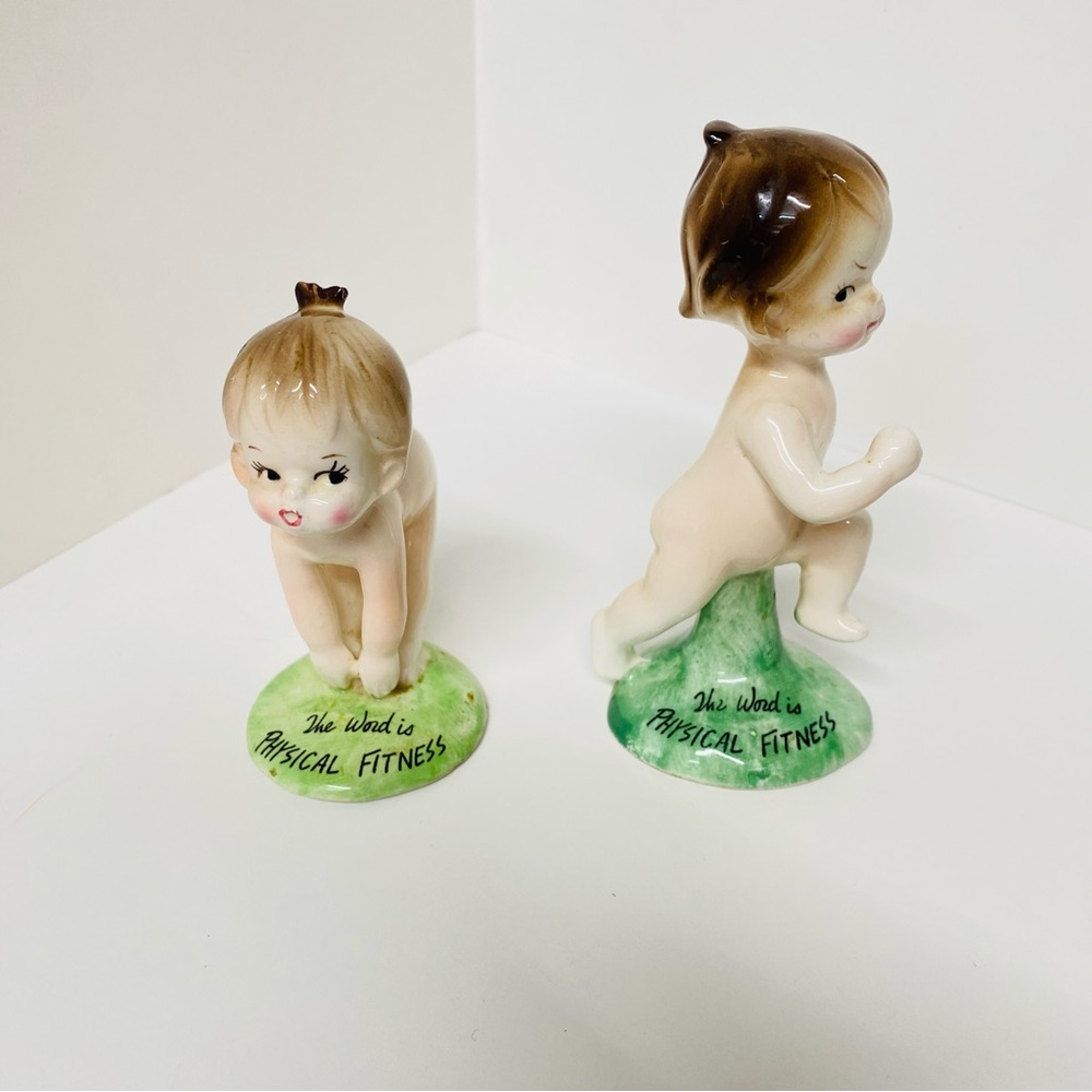 Vintage Physical Fitness Small People Set of 2 Ceramic Figurines Exercising